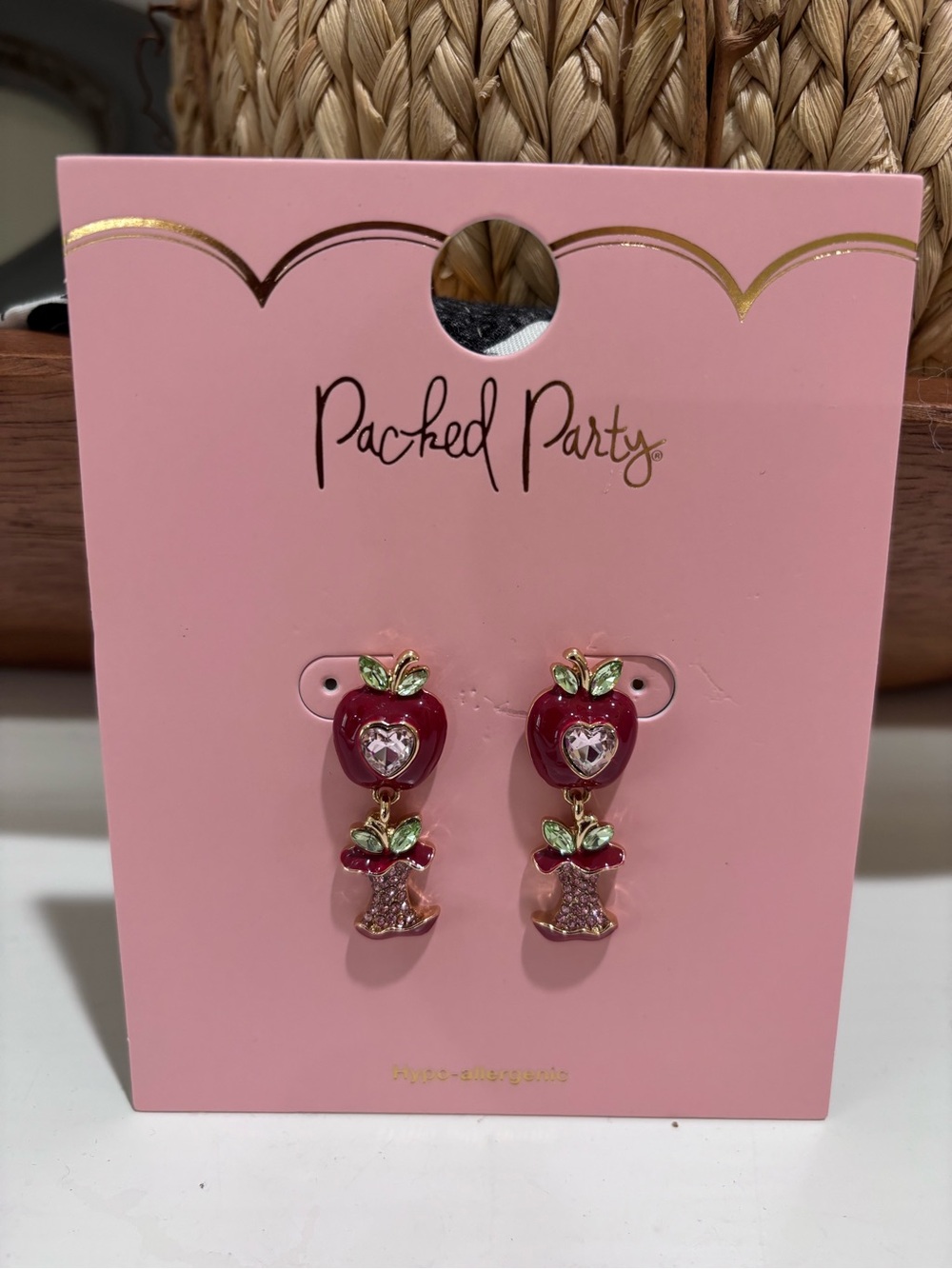 Packed Party Red Apple Dangle Earrings with Green Leaf Accents NWT